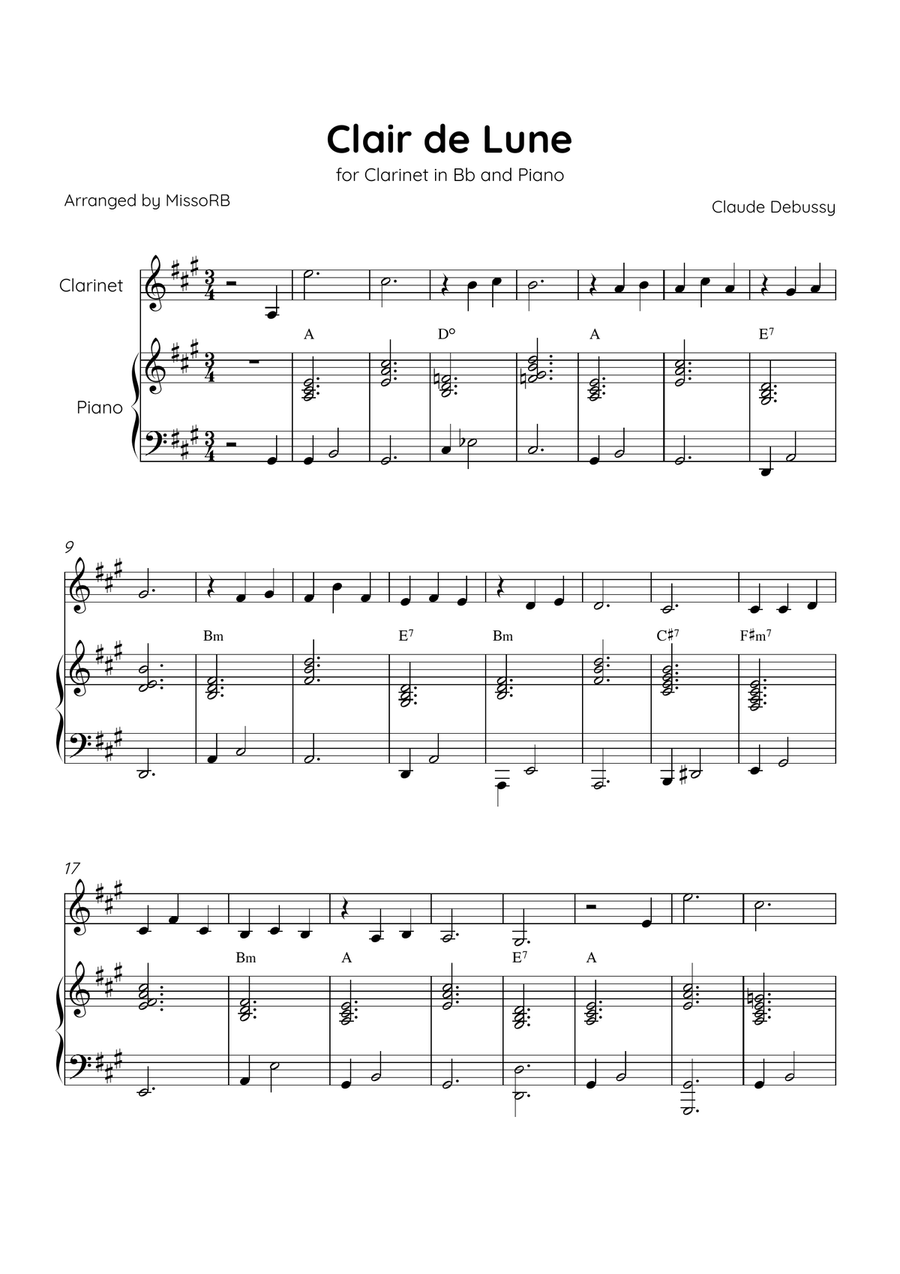 Claire de Lune - Clarinet and Piano in A Major With Chords - Beginner Bass Clarinet scores gallery preview page 1
