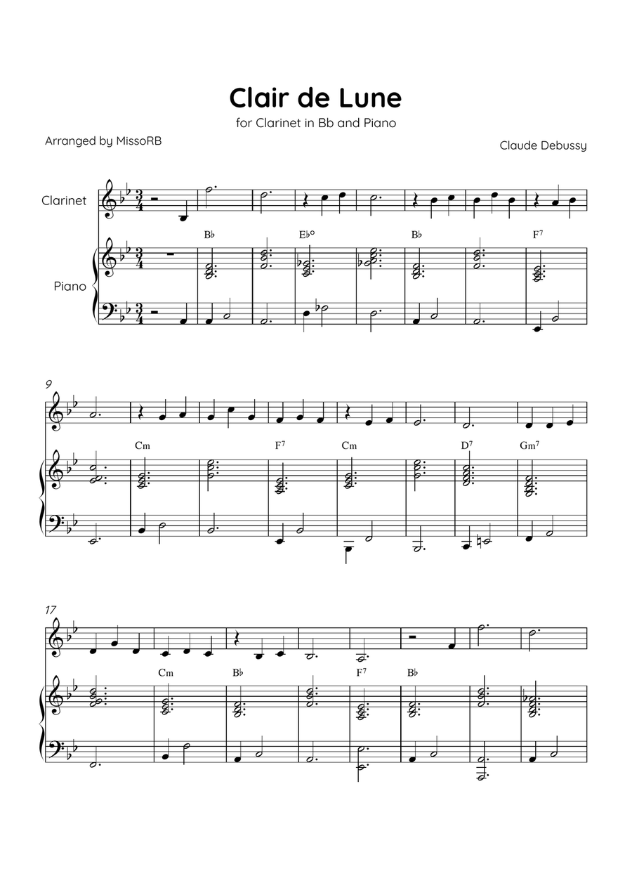 Claire de Lune - Clarinet and Piano in Bb Major With Chords - Beginner Bass Clarinet scores gallery preview page 1