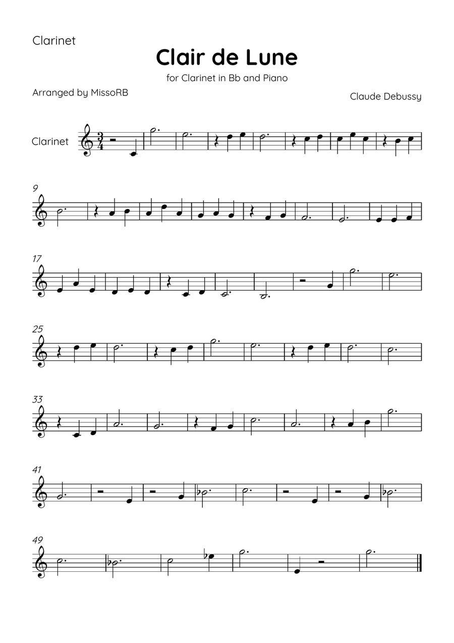 Claire de Lune - Clarinet and Piano in Bb Major With Chords - Beginner Bass Clarinet scores gallery preview page 3