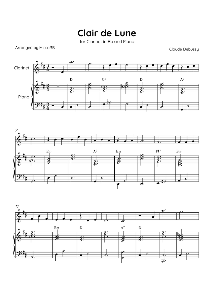 Claire de Lune - Clarinet and Piano in D Major With Chords - Beginner Bass Clarinet scores gallery preview page 1