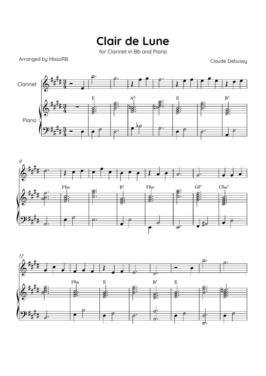 Claire de Lune - Clarinet and Piano in E Major With Chords - Beginner Bass Clarinet scores gallery preview page 1