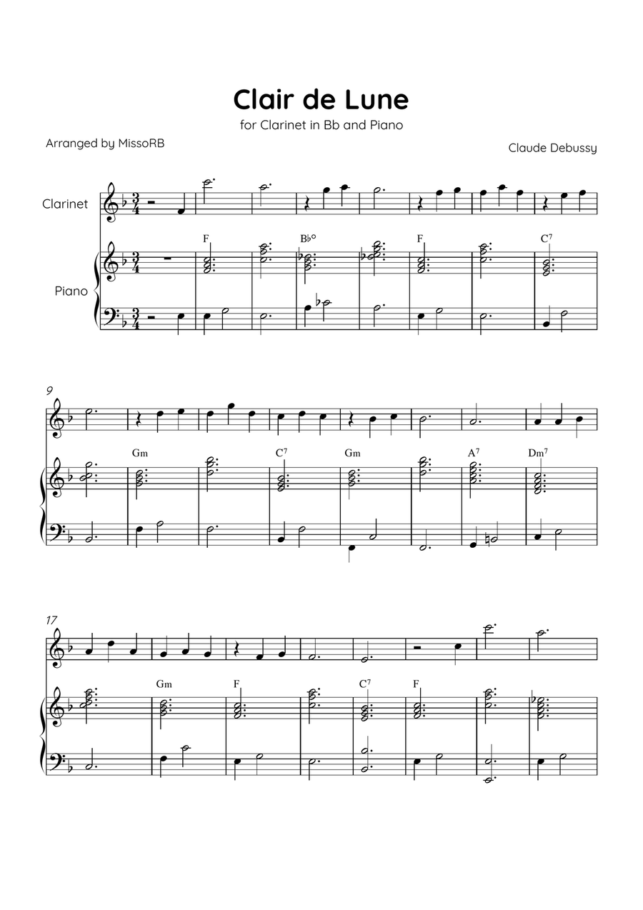 Claire de Lune - Clarinet and Piano in F Major With Chords - Beginner Bass Clarinet scores gallery preview page 1