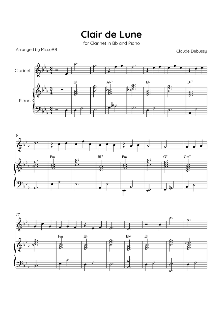 Claire de Lune - Clarinet and Piano in Eb Major With Chords - Beginner Bass Clarinet scores gallery preview page 1