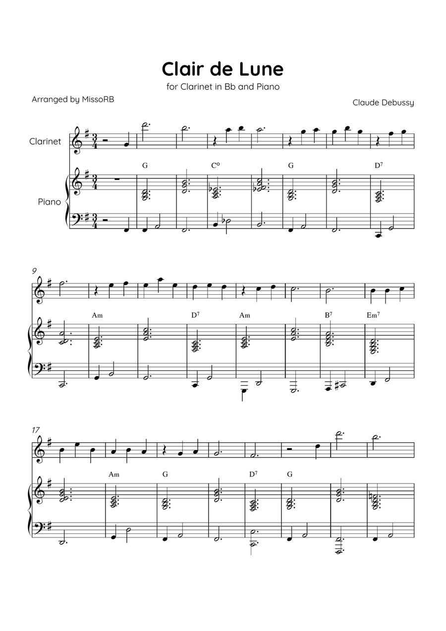 Claire de Lune - Clarinet and Piano in G Major With Chords - Beginner Bass Clarinet scores gallery preview page 1