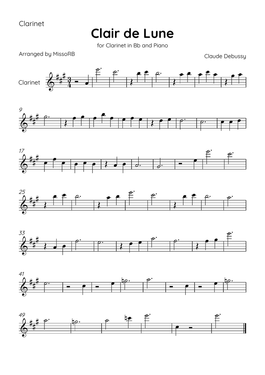 Claire de Lune - Clarinet and Piano in G Major With Chords - Beginner Bass Clarinet scores gallery preview page 3