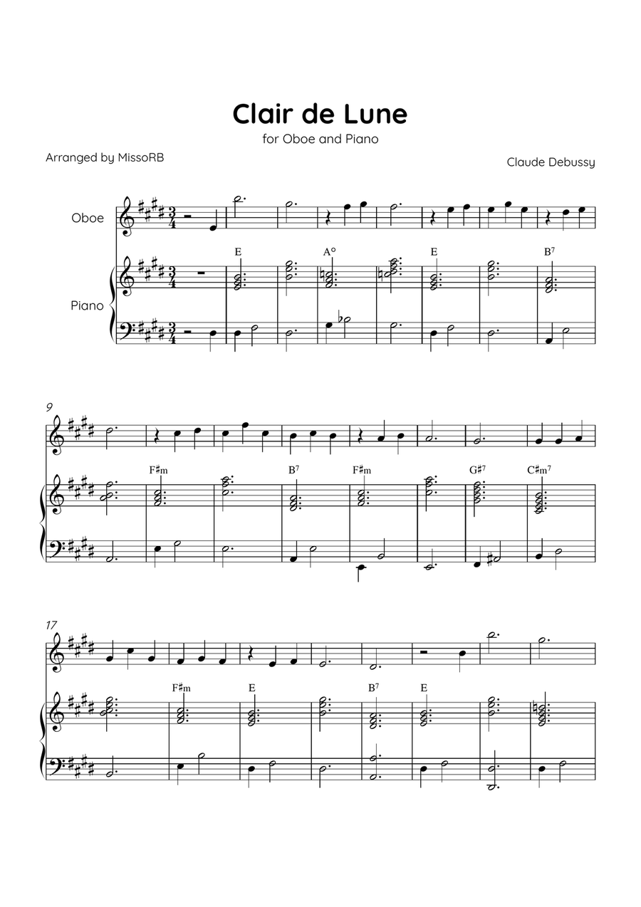Claire de Lune - Oboe and Piano in E Major With Chords - Beginner Piano scores gallery preview page 1