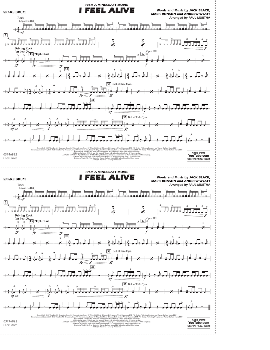 I Feel Alive (from A Minecraft Movie) (arr. Paul Murtha) - Snare Drum Marching Band scores gallery preview page 1