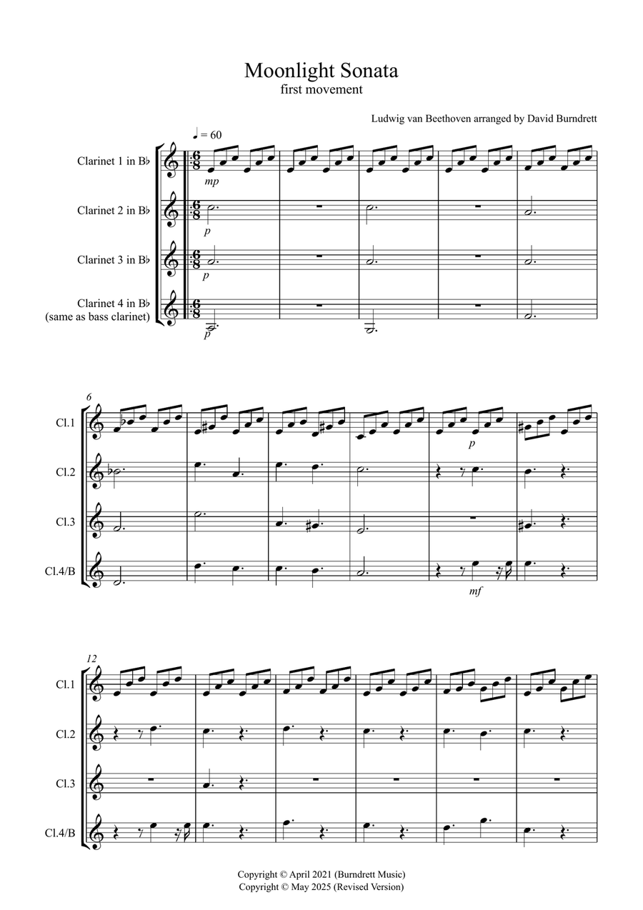 Moonlight Sonata (1st movement) for Beginner and Advanced Clarinet Quartet Clarinet Quartet scores gallery preview page 1