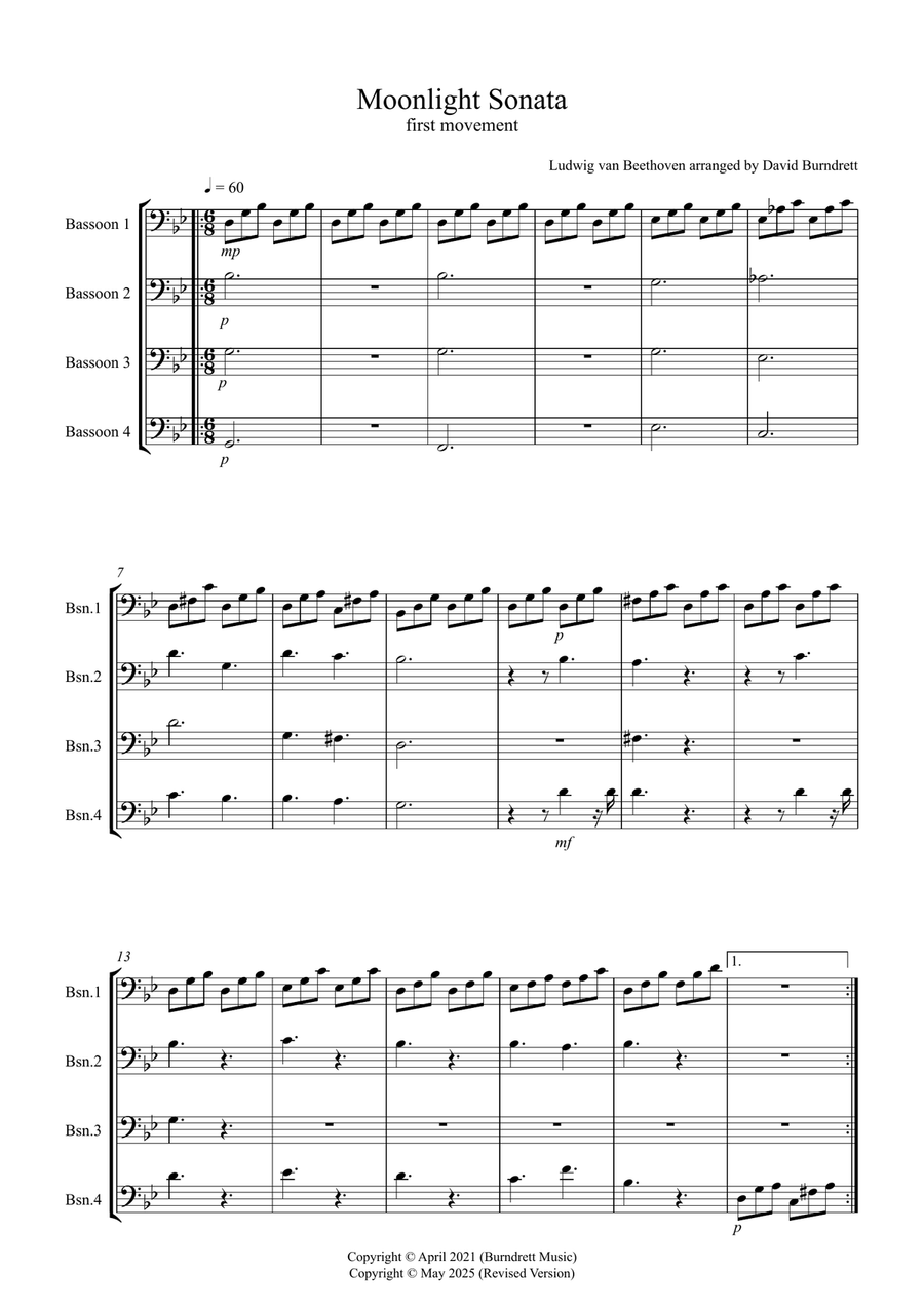 Moonlight Sonata for (1st movement) for Beginner and Advanced Bassoon Quartet Bassoon Quartet scores gallery preview page 1