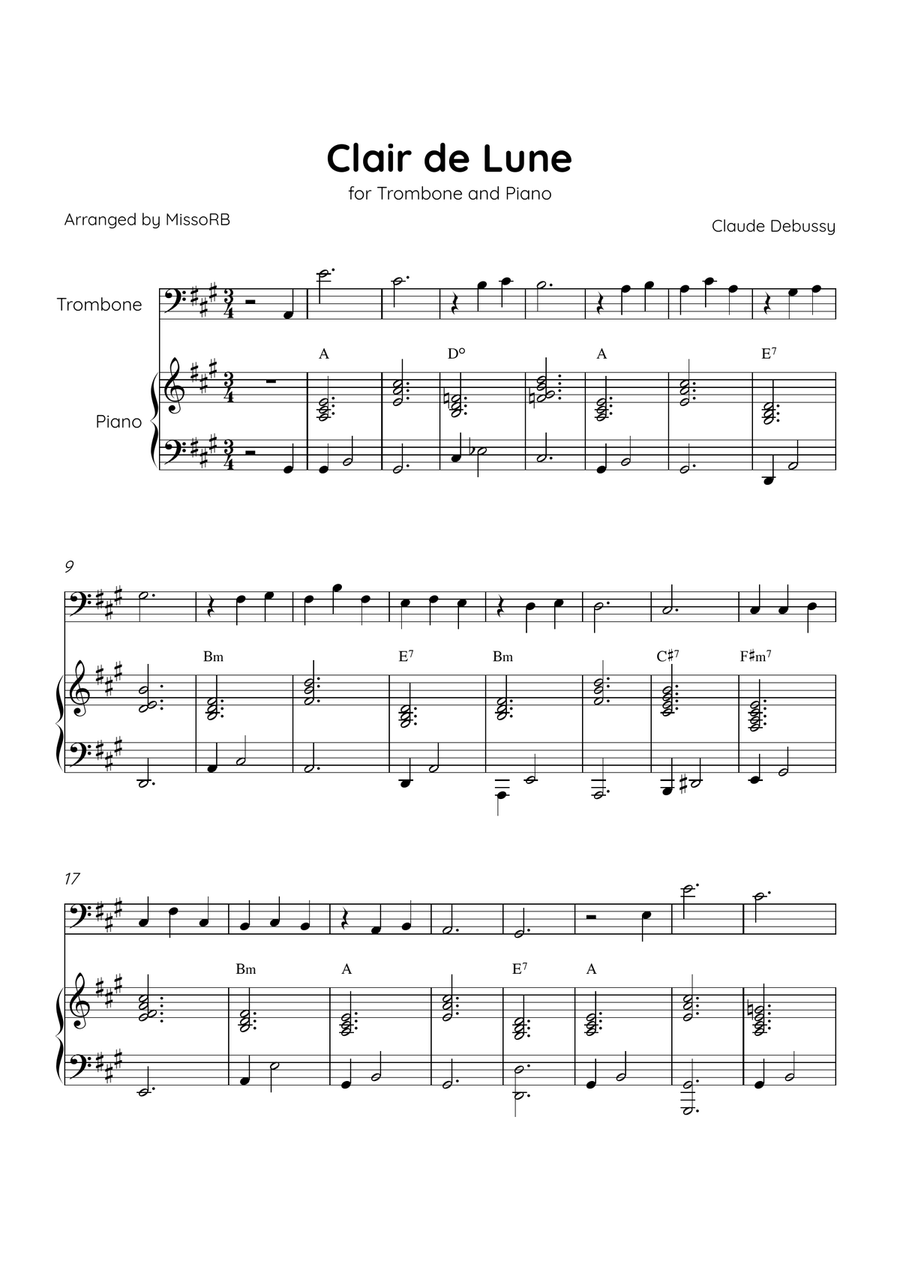 Claire de Lune - Trombone and Piano in A Major With Chords - Beginner Piano Accompaniment scores gallery preview page 1