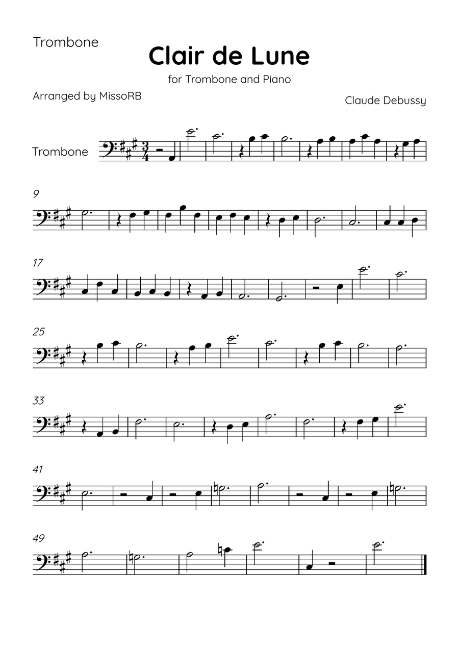 Claire de Lune - Trombone and Piano in A Major With Chords - Beginner Piano Accompaniment scores gallery preview page 3