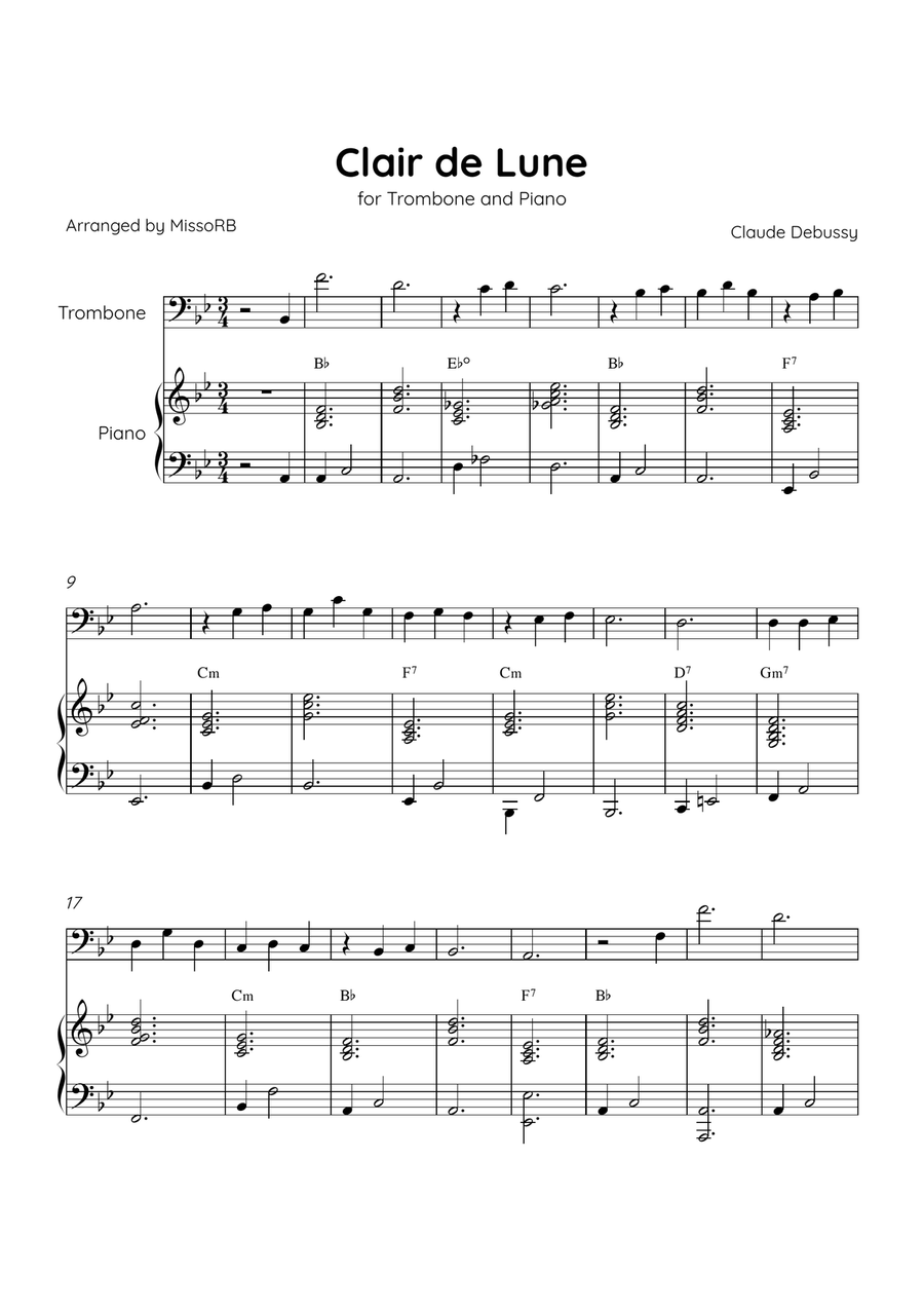 Claire de Lune - Trombone and Piano in Bb Major With Chords - Beginner Piano Accompaniment scores gallery preview page 1