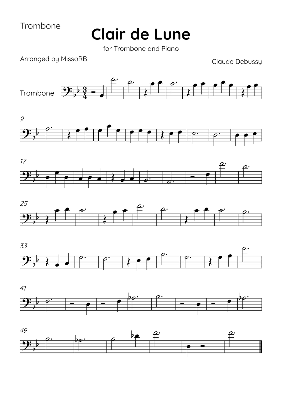 Claire de Lune - Trombone and Piano in Bb Major With Chords - Beginner Piano Accompaniment scores gallery preview page 3