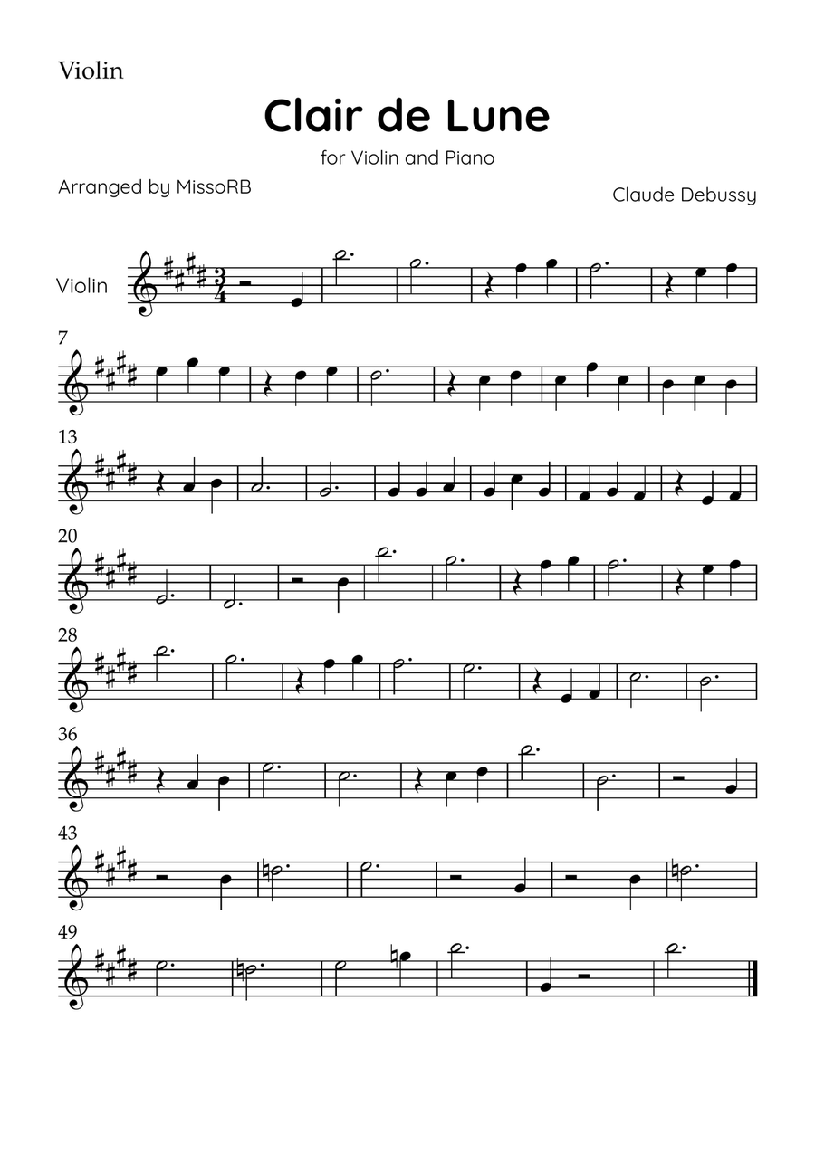 Claire de Lune - Violin and Piano in E Major With Chords - Beginner Violin Solo scores gallery preview page 3