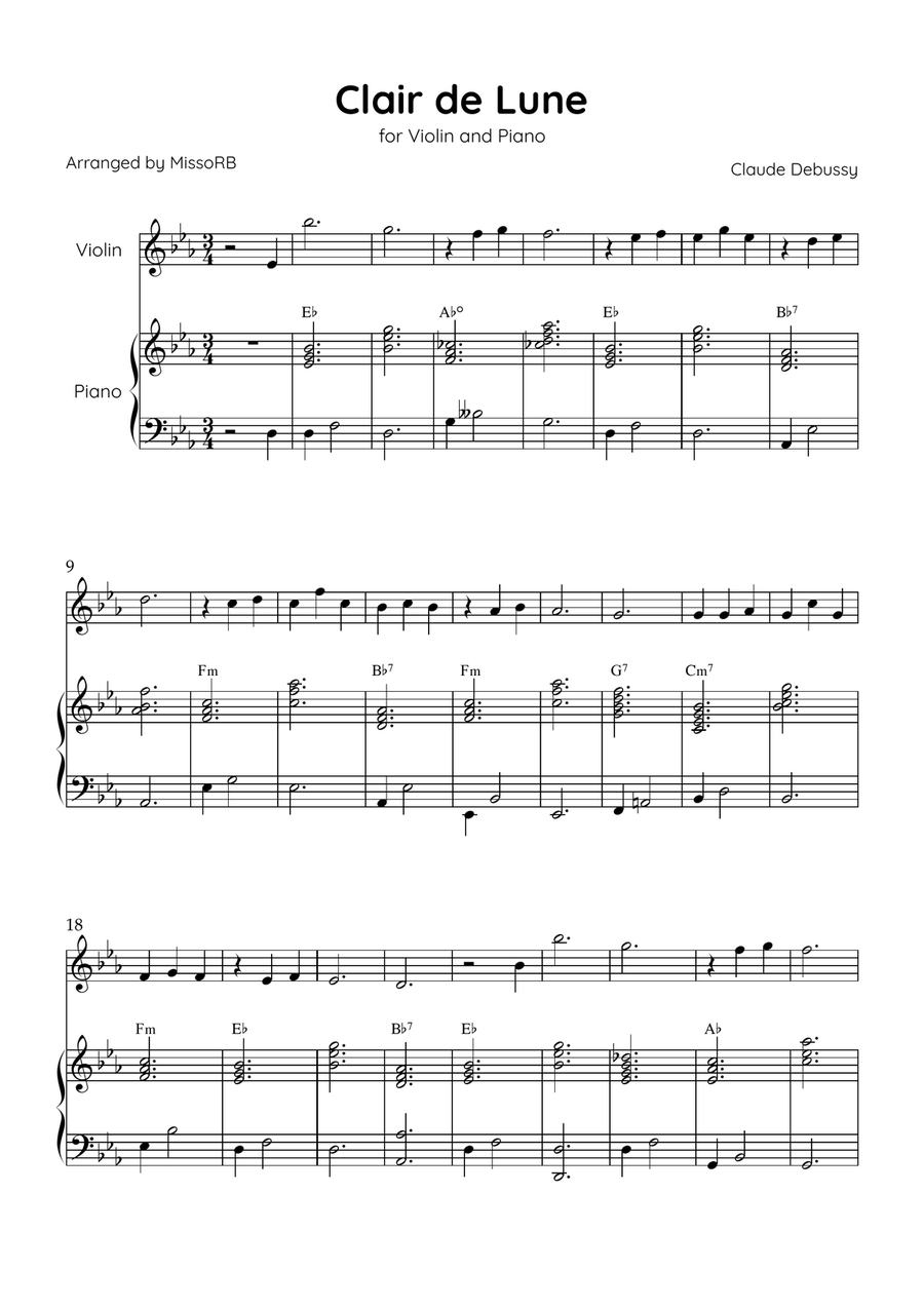 Claire de Lune - Violin and Piano in Eb Major With Chords - Beginner Violin Solo scores gallery preview page 1