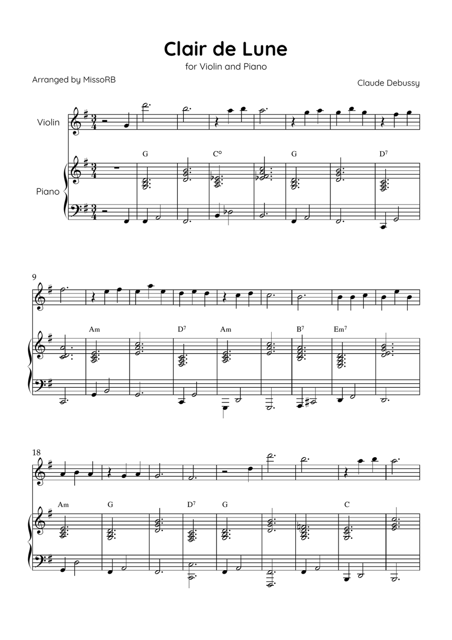 Claire de Lune - Violin and Piano in G Major With Chords - Beginner Violin Solo scores gallery preview page 1