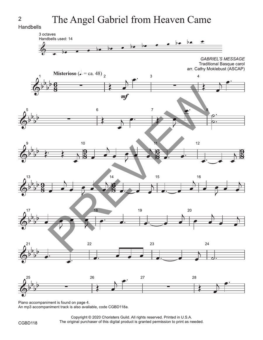 The Angel Gabriel from Heaven Came - solo (reproducible) Handbell Choir scores gallery preview page 2
