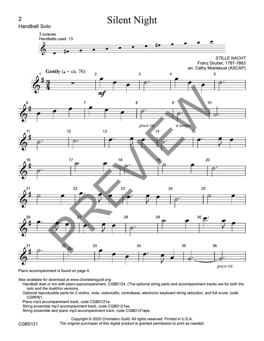 Silent Night (reproducible) - Solo Handbell Choir scores gallery preview page 2