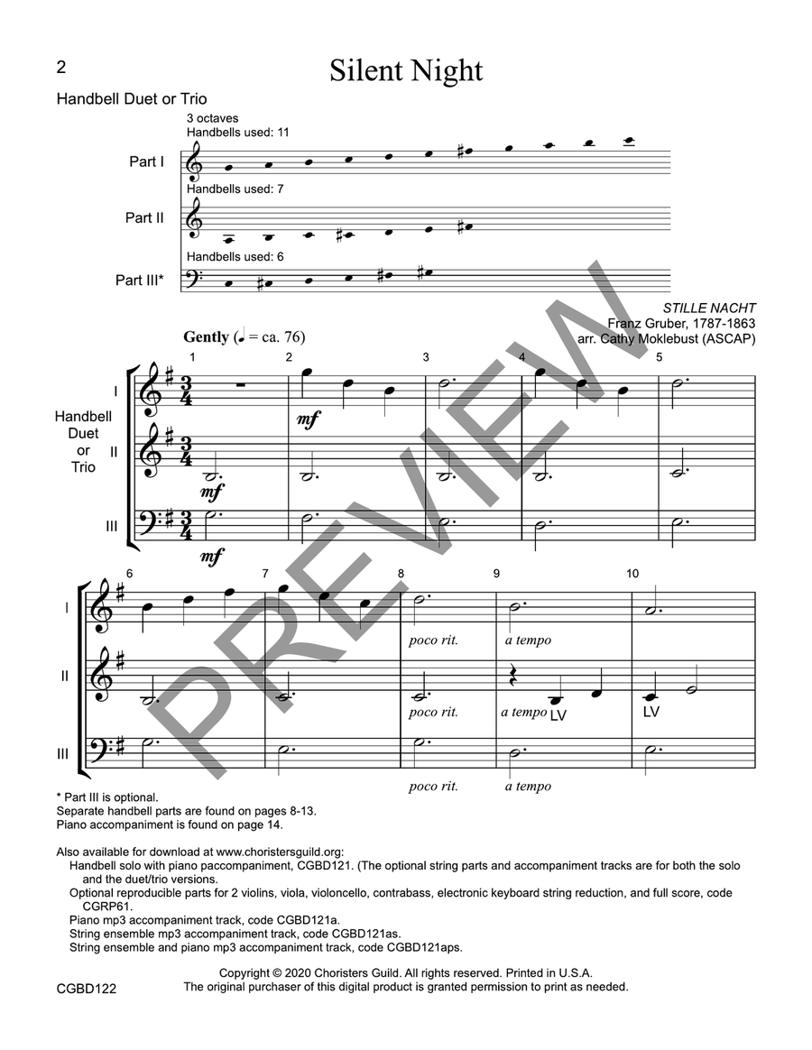 Silent Night (reproducible) - Duet or Trio Handbell Choir scores gallery preview page 2