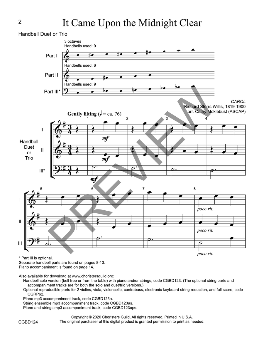 It Came Upon the Midnight Clear (reproducible) - Duet or Trio Handbell Choir scores gallery preview page 2
