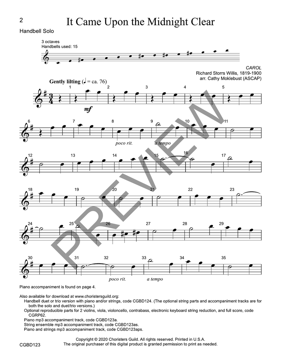 It Came Upon the Midnight Clear (reproducible) - Solo Handbell Choir scores gallery preview page 2