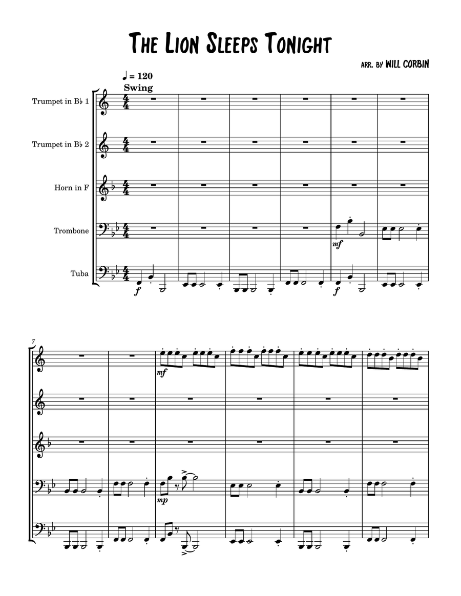 The Lion Sleeps Tonight Brass Quintet scores gallery preview page 1