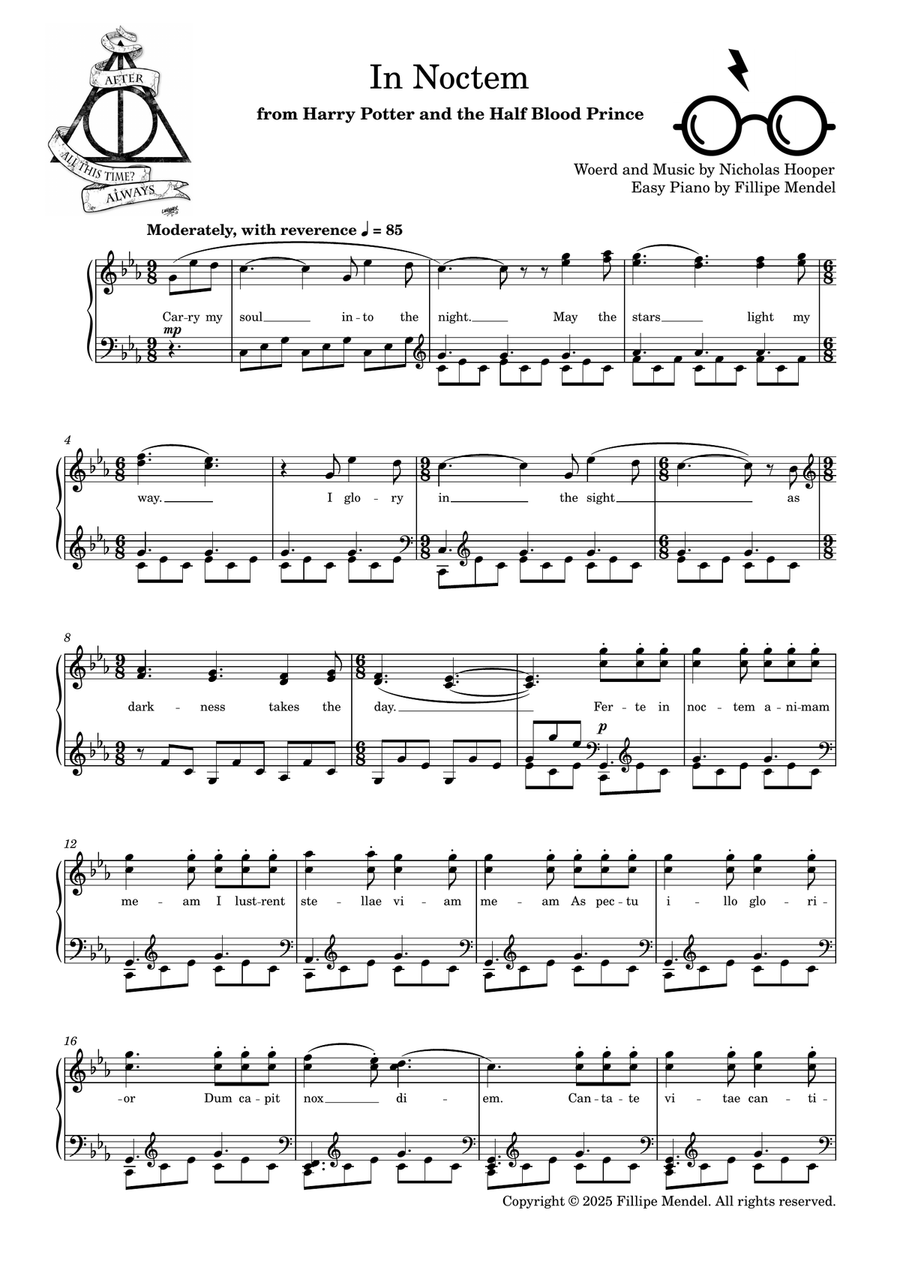In Noctem from Harry Potter and the Half Blood Prince (easy piano) Easy Piano scores gallery preview page 1
