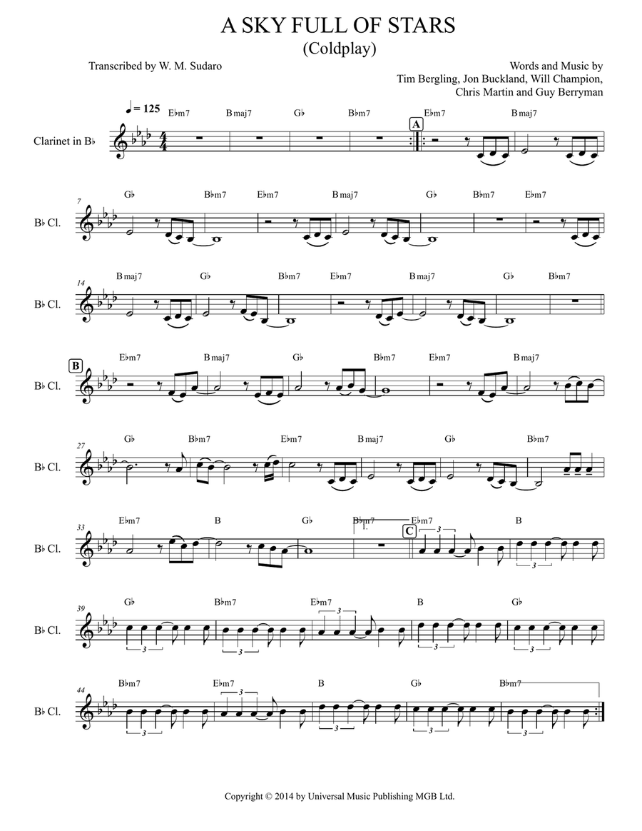 A Sky Full Of Stars A Sky Full Of Stars B-Flat Clarinet scores gallery preview page 1