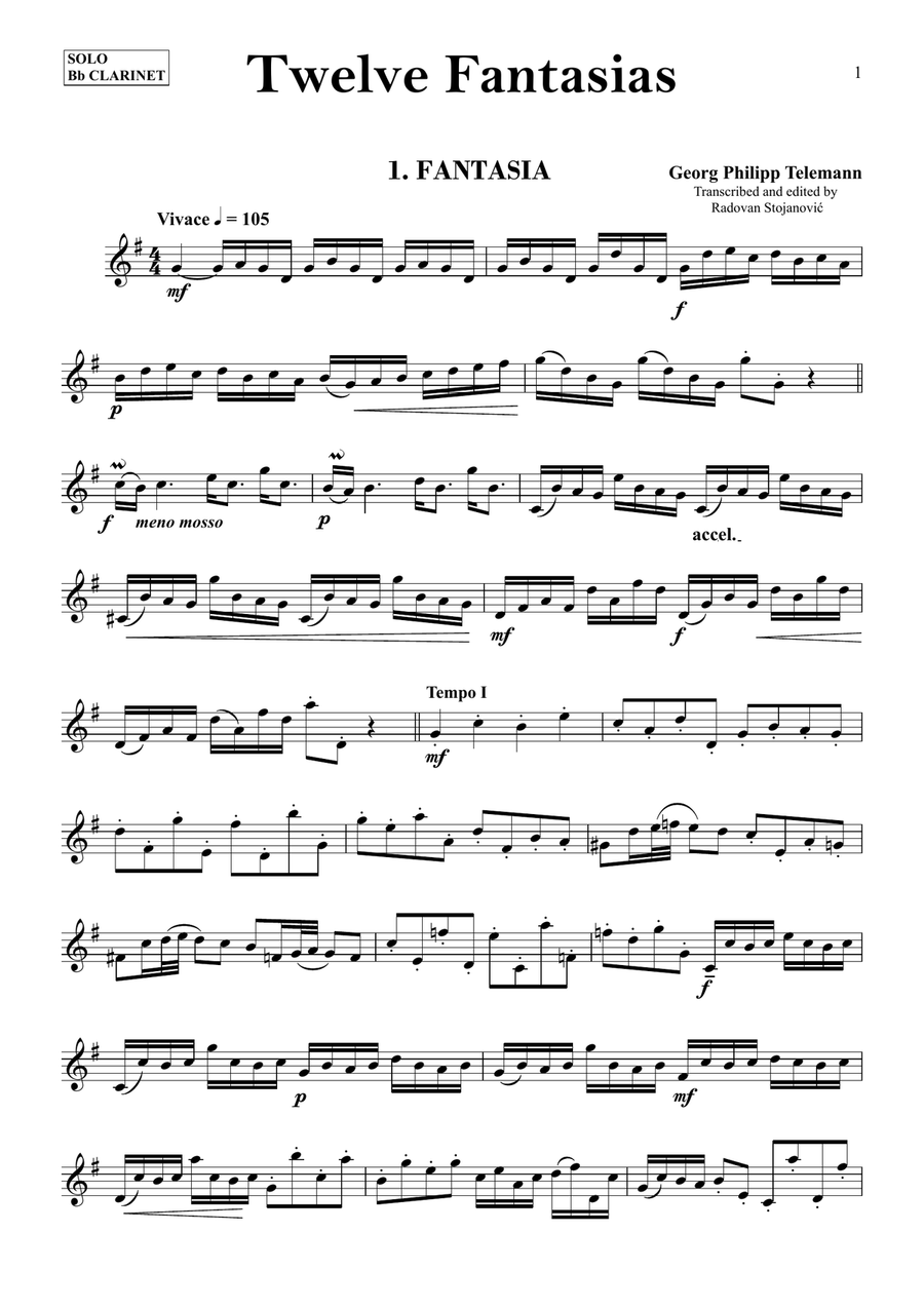 Telemann - 12 Fantasias for solo clarinet B-Flat Clarinet scores gallery preview page 1