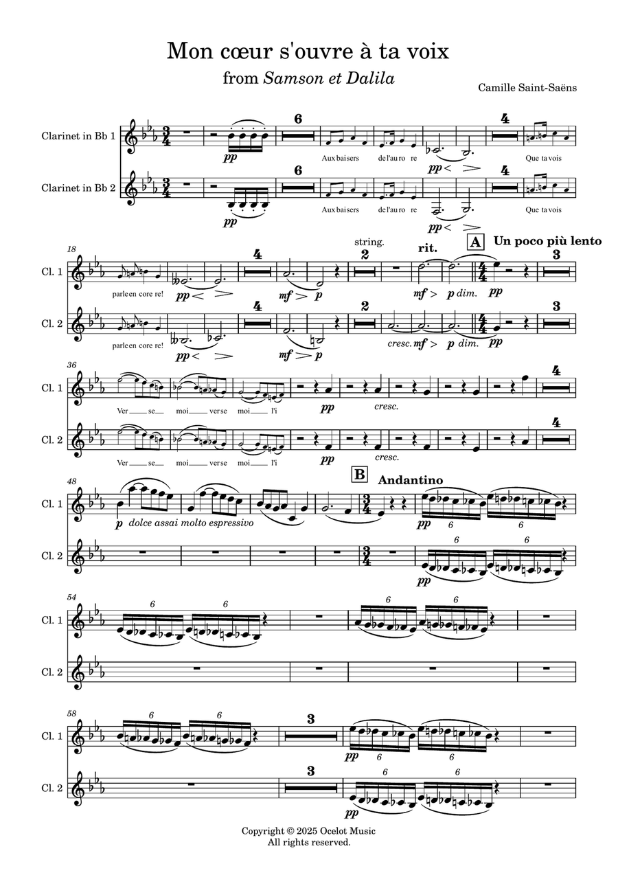 Saint-Saëns: Mon cœur s'ouvre a ta voix - Clarinets in Bb (transposed parts) Full Orchestra scores gallery preview page 1