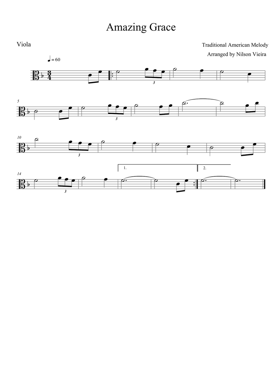 Amazing Grace – Viola Solo (Simplified Sheet Music for Beginners and Amateur Musicians Viola Solo scores gallery preview page 1