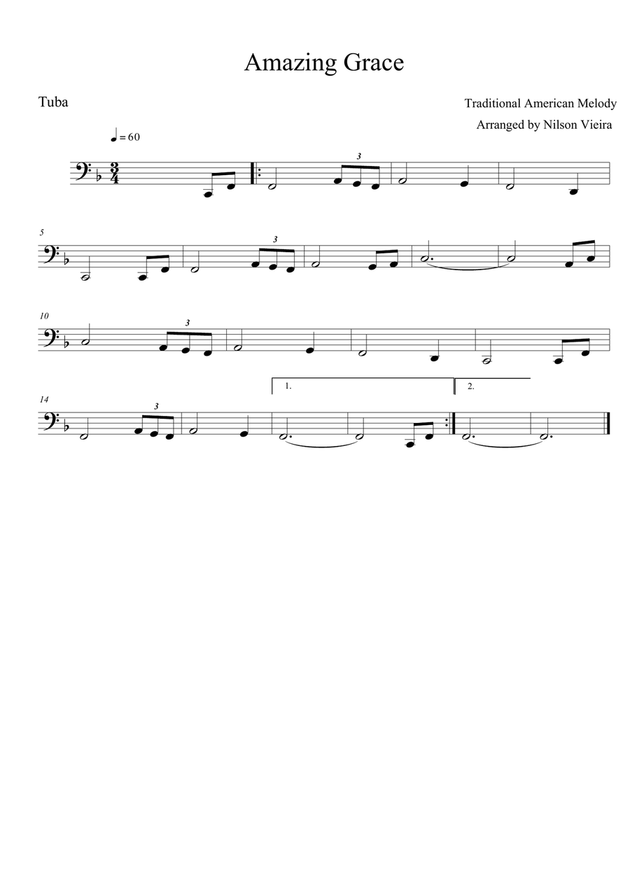 Amazing Grace – Tuba Solo (Simplified Sheet Music for Beginners and Amateur Musicians) Tuba scores gallery preview page 1