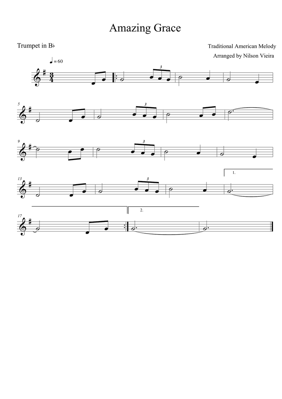 Amazing Grace – Trumpet Solo (Simplified Sheet Music for Beginners and Amateur Musicians) Trumpet Solo scores gallery preview page 1