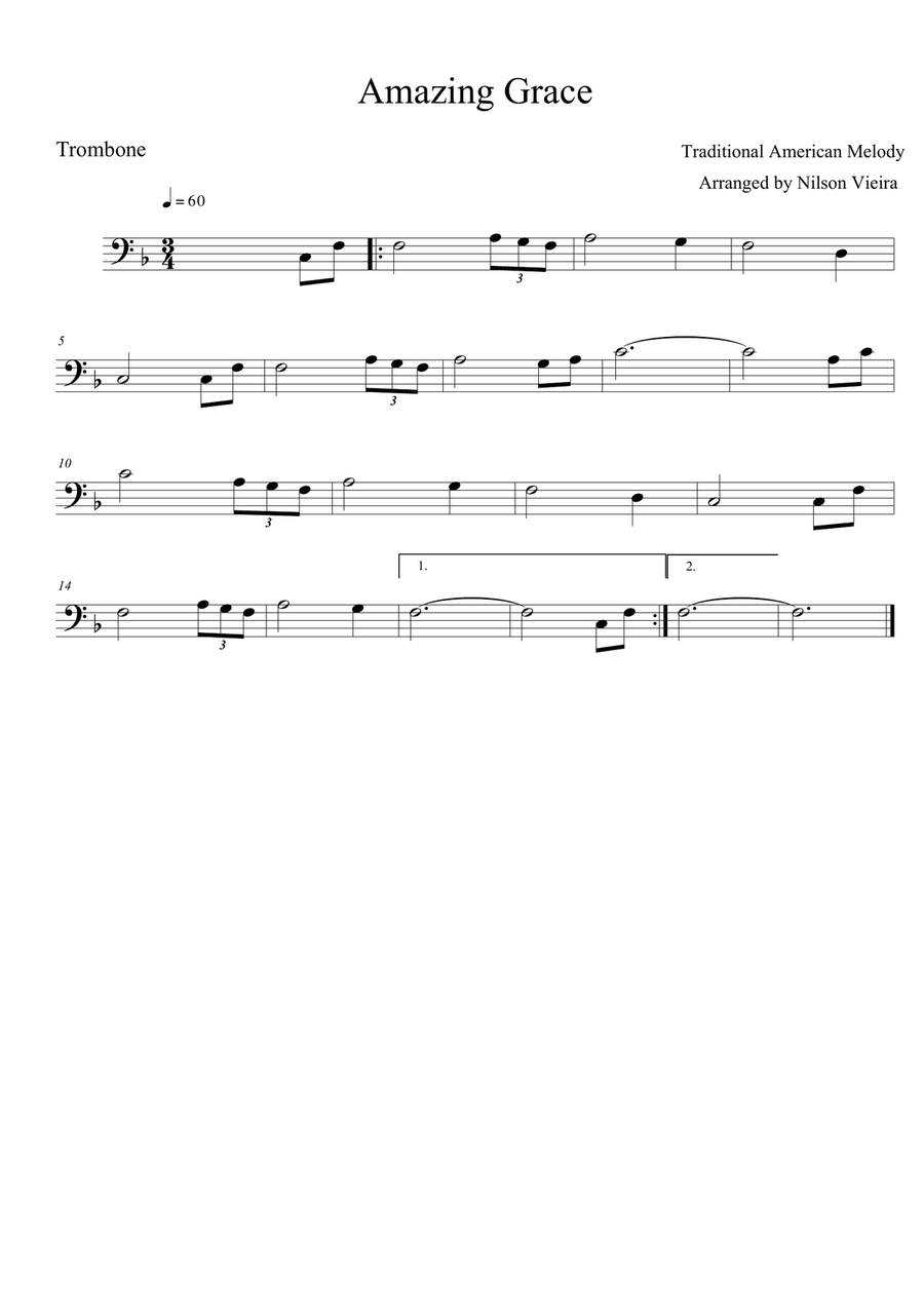 Amazing Grace – Trombone Solo (Simplified Sheet Music for Beginners and Amateur Musicians) Trombone Solo scores gallery preview page 1