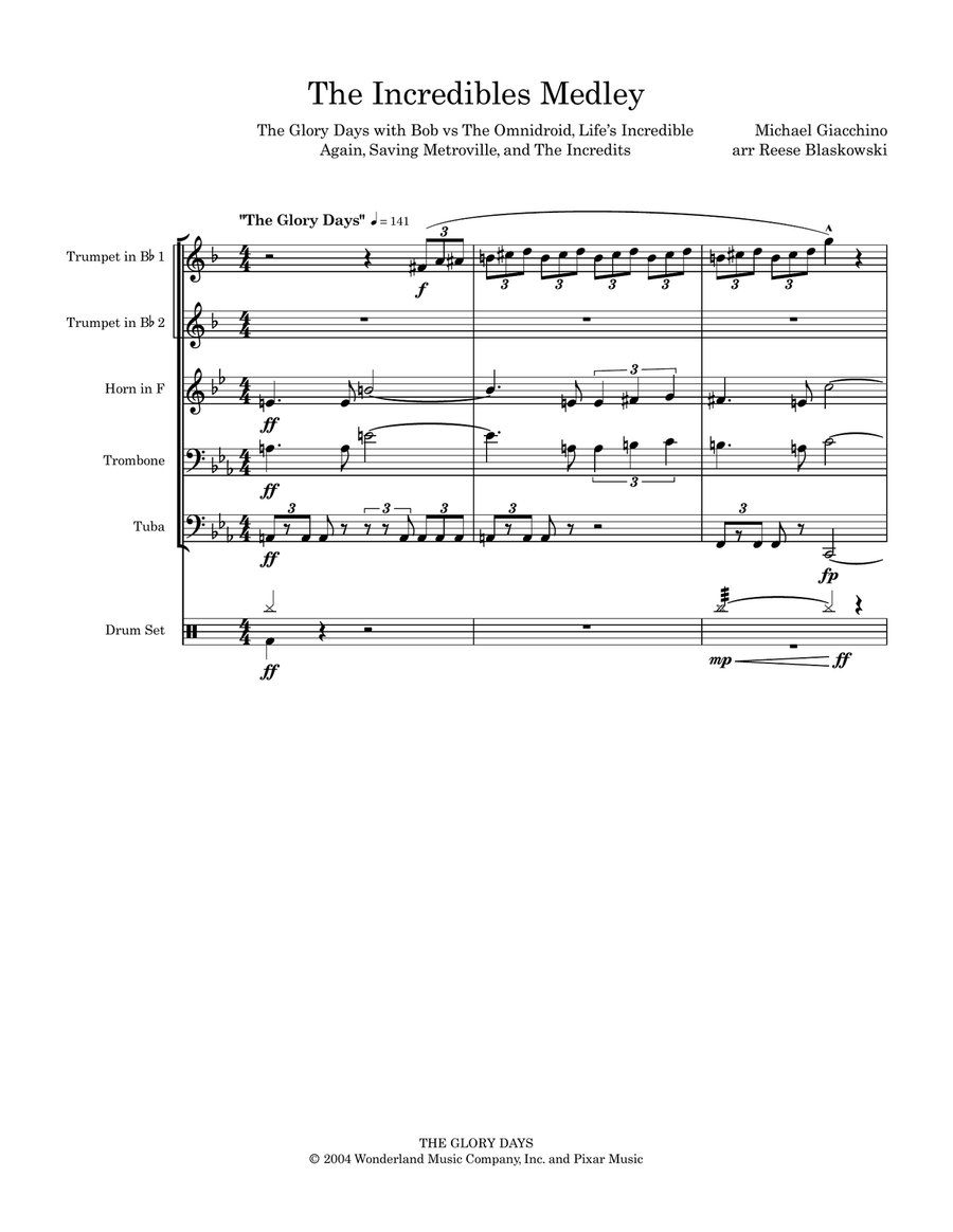 Medley: The Incredibles (Main Theme) with Bob Vs. The Omnidroid, Life's Incredible Again, Saving ... Brass Quintet scores gallery preview page 2