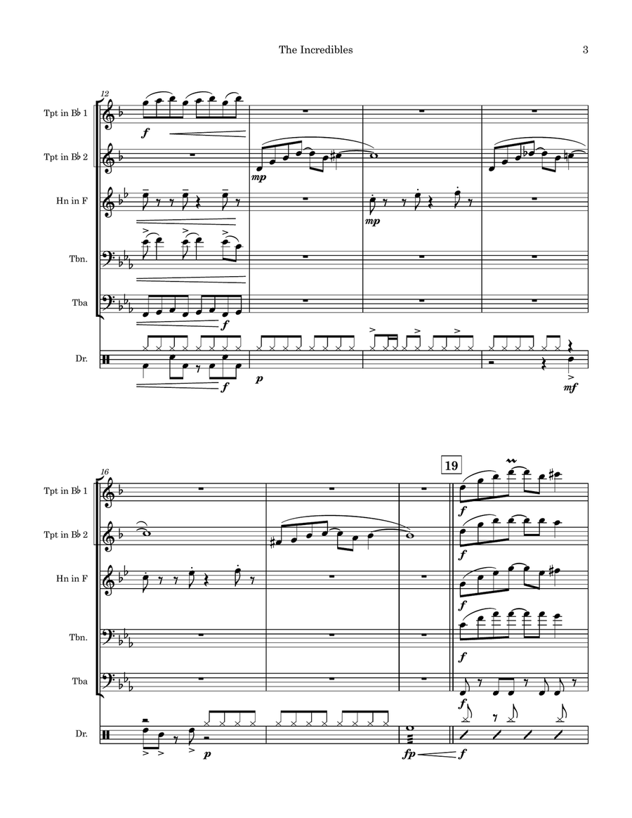 Medley: The Incredibles (Main Theme) with Bob Vs. The Omnidroid, Life's Incredible Again, Saving ... Brass Quintet scores gallery preview page 4