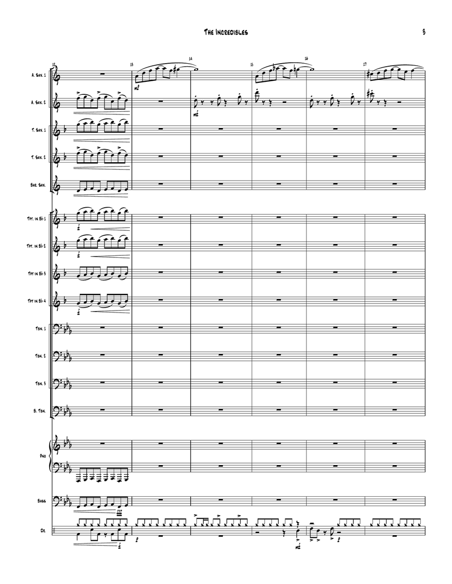 Medley: The Incredibles (Main Theme) with Bob Vs. The Omnidroid, Life's Incredible Again, Saving ... Jazz Ensemble scores gallery preview page 4