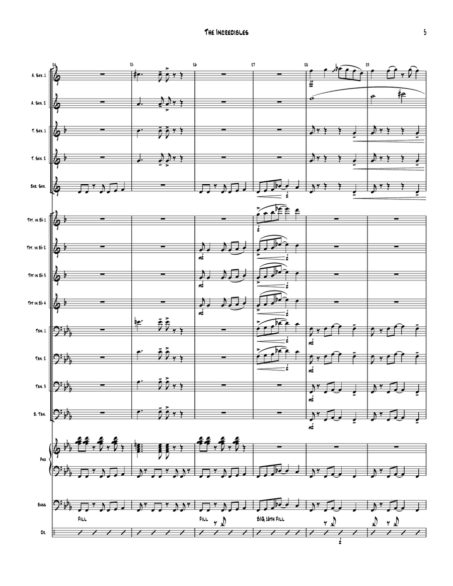 Medley: The Incredibles (Main Theme) with Bob Vs. The Omnidroid, Life's Incredible Again, Saving ... Jazz Ensemble scores gallery preview page 6