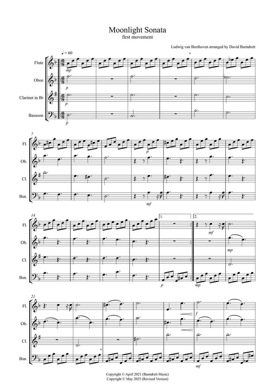 Moonlight Sonata for (1st movement) for Wind Quartet Woodwind Quartet scores gallery preview page 1