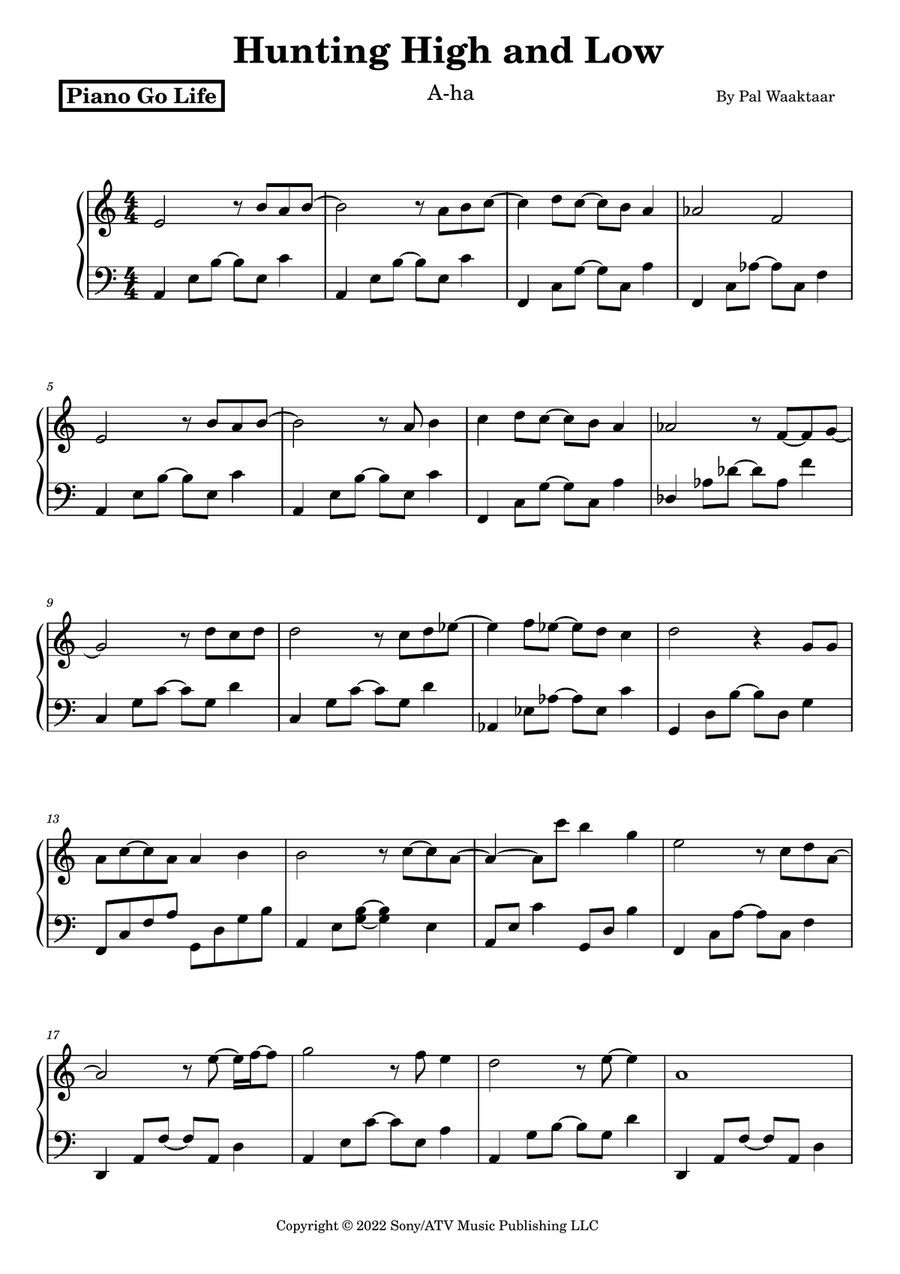 Hunting High And Low Hunting High And Low Piano Solo scores gallery preview page 1