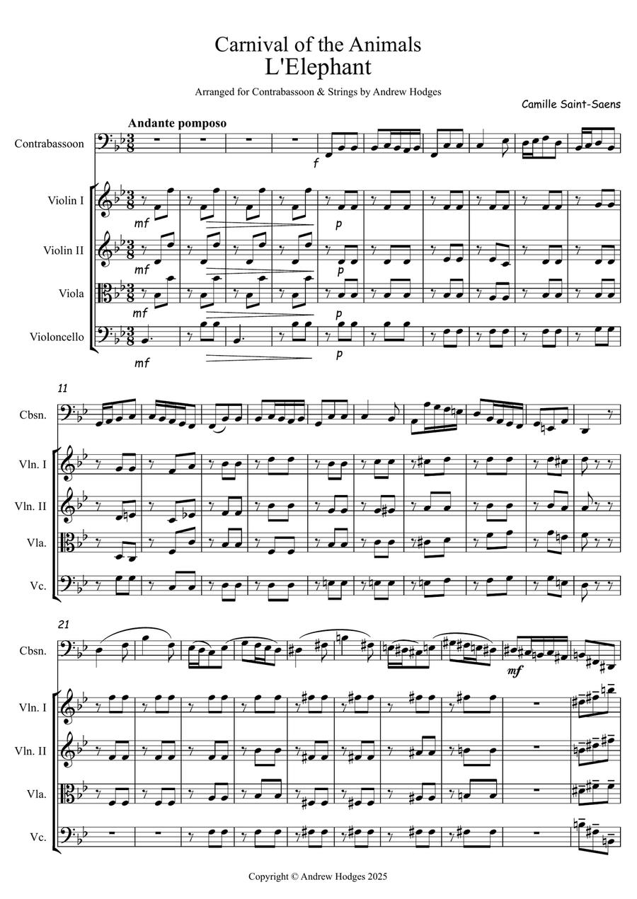 The Elephant from Carnival of The Animals Chamber Music scores gallery preview page 1