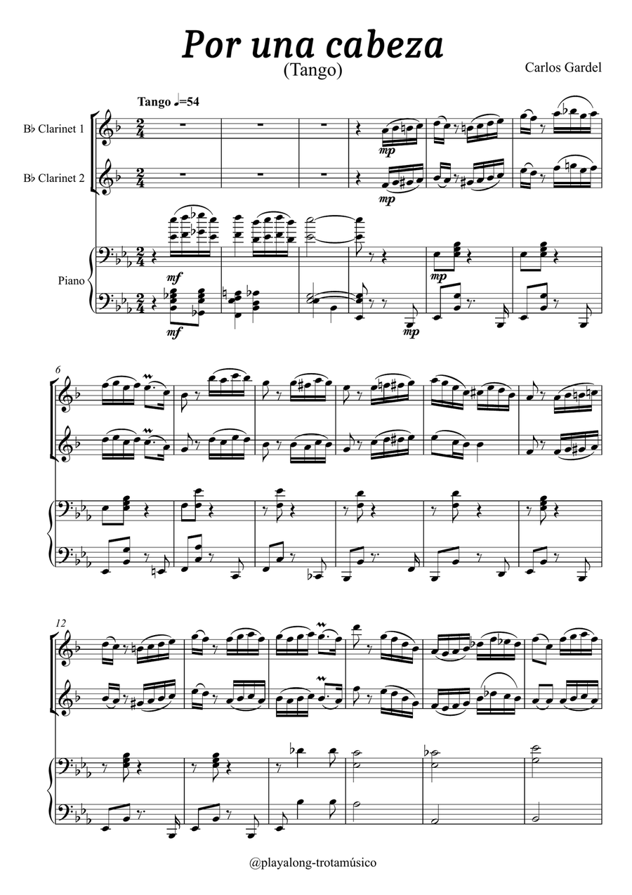 Por una cabeza - 2 Clarinets & Piano Clarinet Duet scores gallery preview page 1