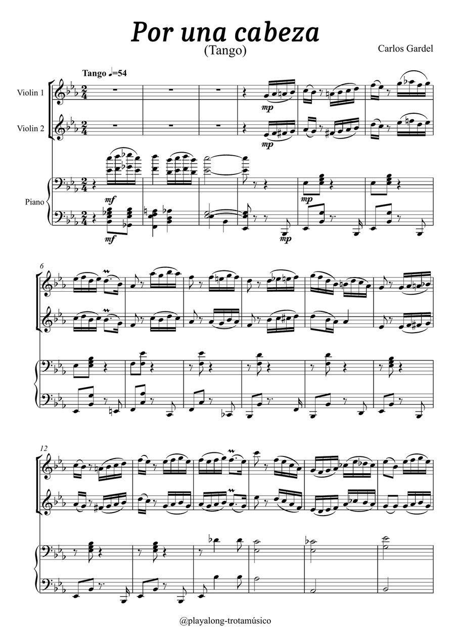 Por una cabeza - 2 Violins & Piano String Duet scores gallery preview page 1