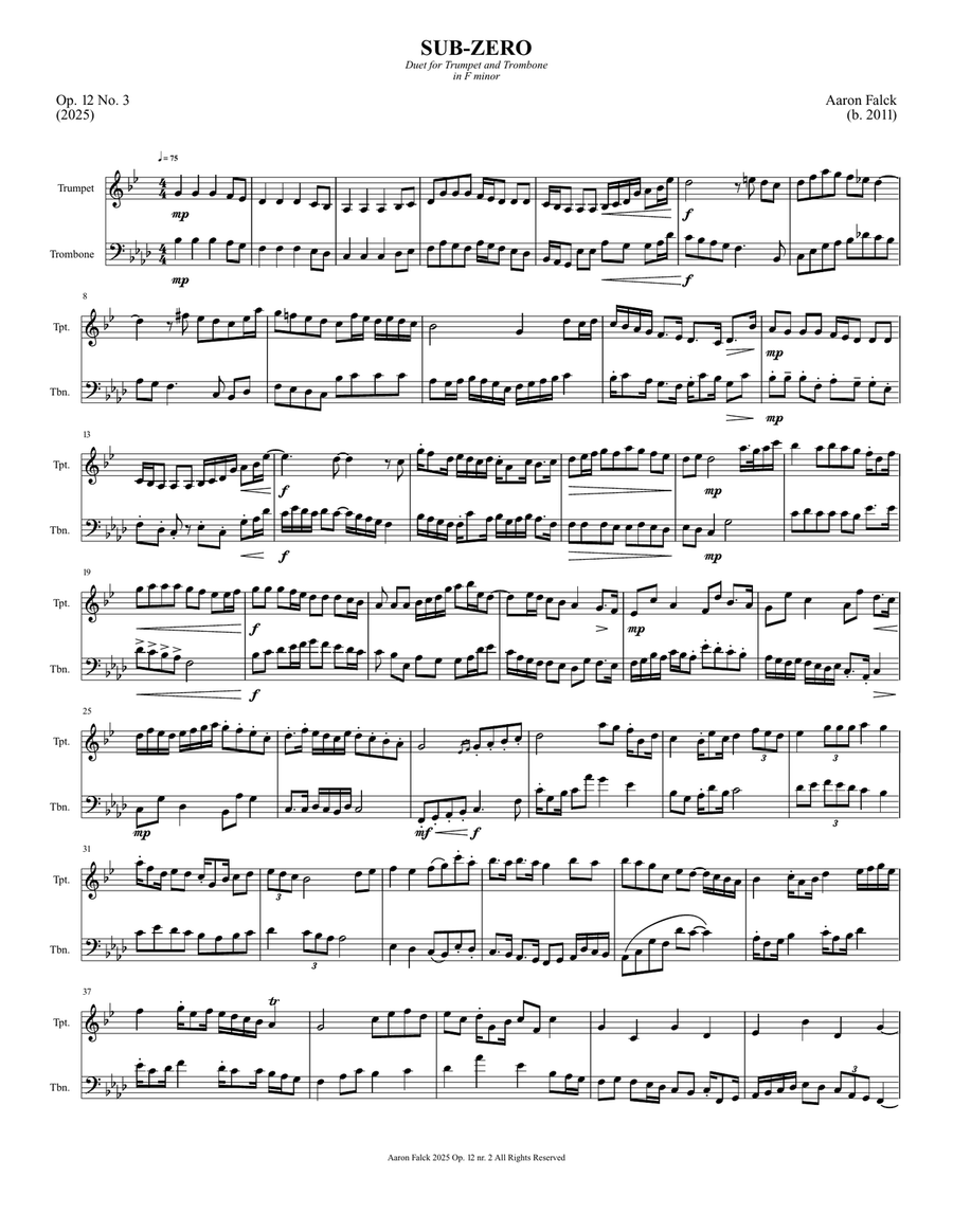 SUB-ZERO in F Minor for Trombone and Trumpet Duet (Op. 12 No. 3) Brass Duet scores gallery preview page 1