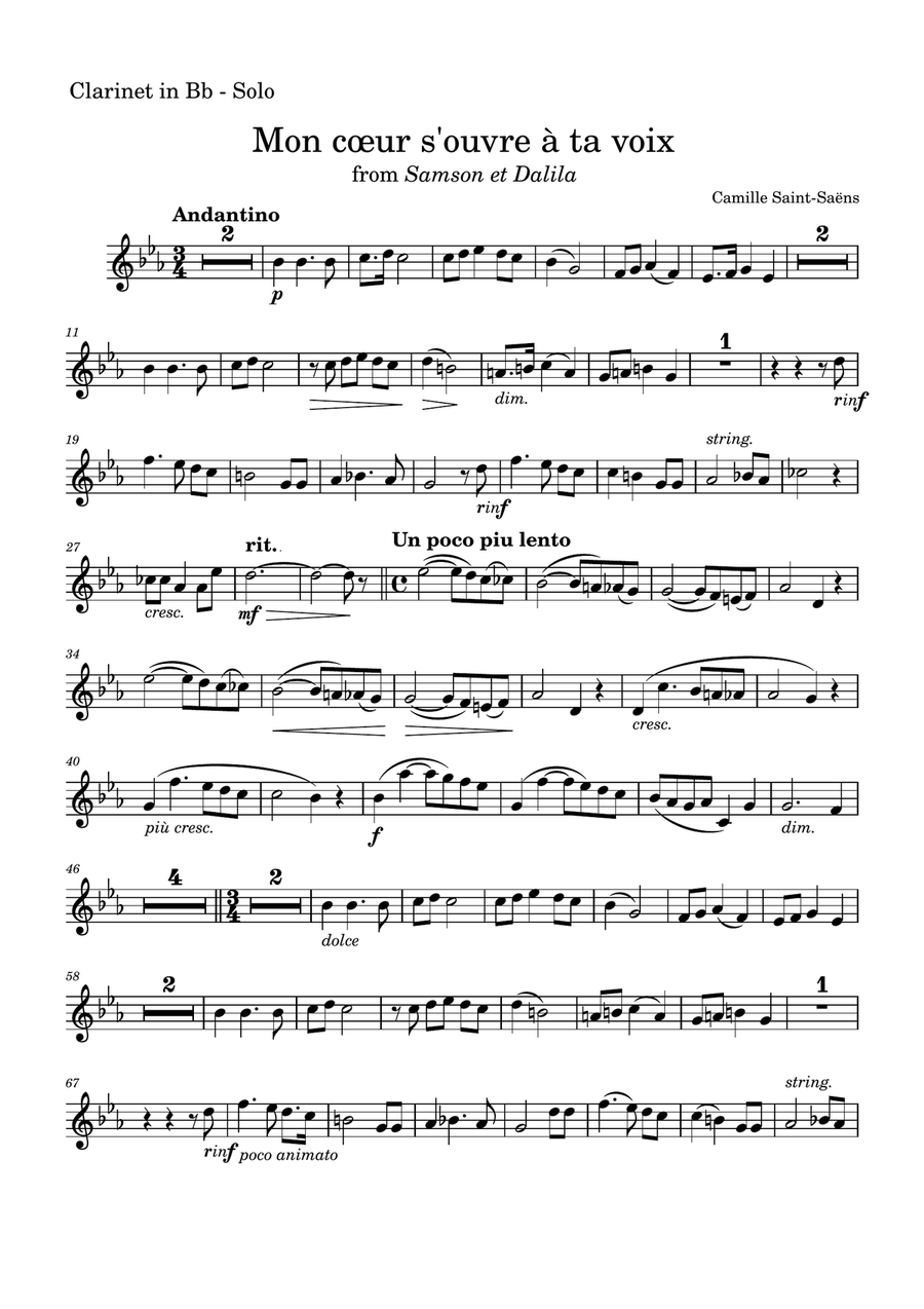 Saint-Saëns: Mon cœur s'ouvre à ta voix (from Samson et Dalila) for Bb Clarinet Solo B-Flat Clarinet scores gallery preview page 1