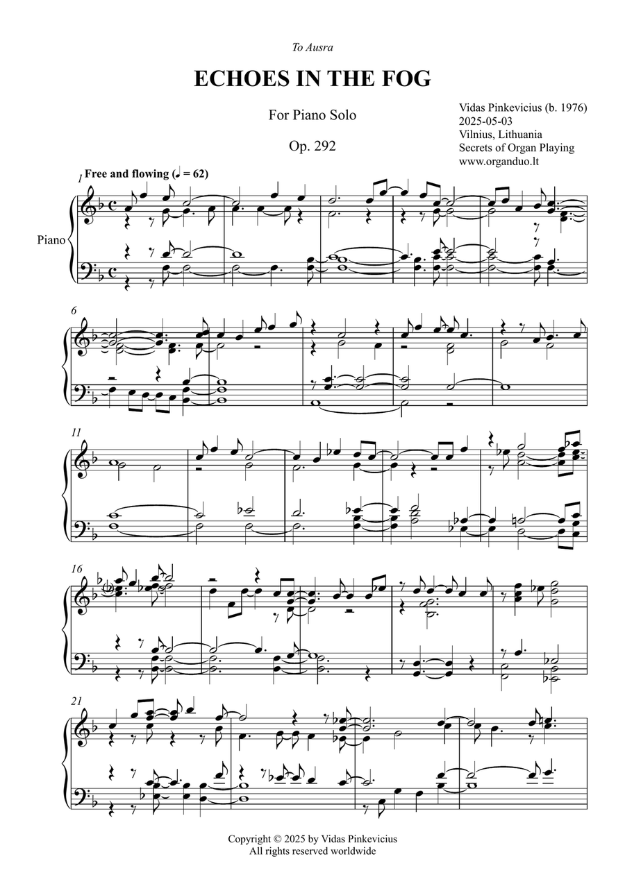 Echoes in the Fog, Op. 292 (Solo Piano) by Vidas Pinkevicius Piano Solo scores gallery preview page 1