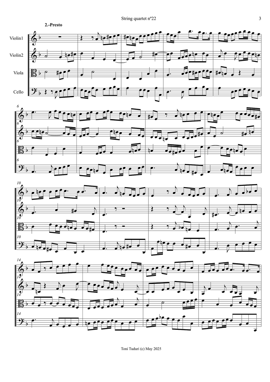 String quartet nº 22 (Arragement for string quartet of vioin sonata nº 1 in d) String Quartet scores gallery preview page 3