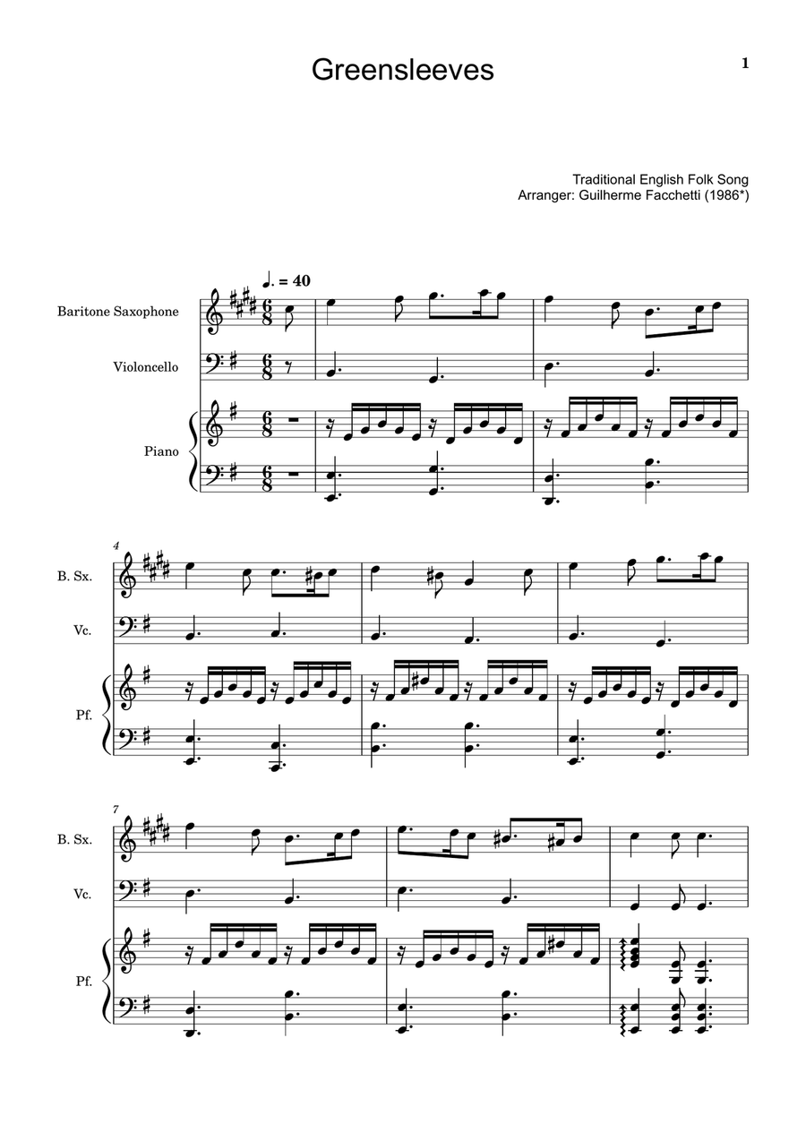 Greensleeves - B. Sax., Cello and Piano. Score and Parts. Small Ensemble scores gallery preview page 1