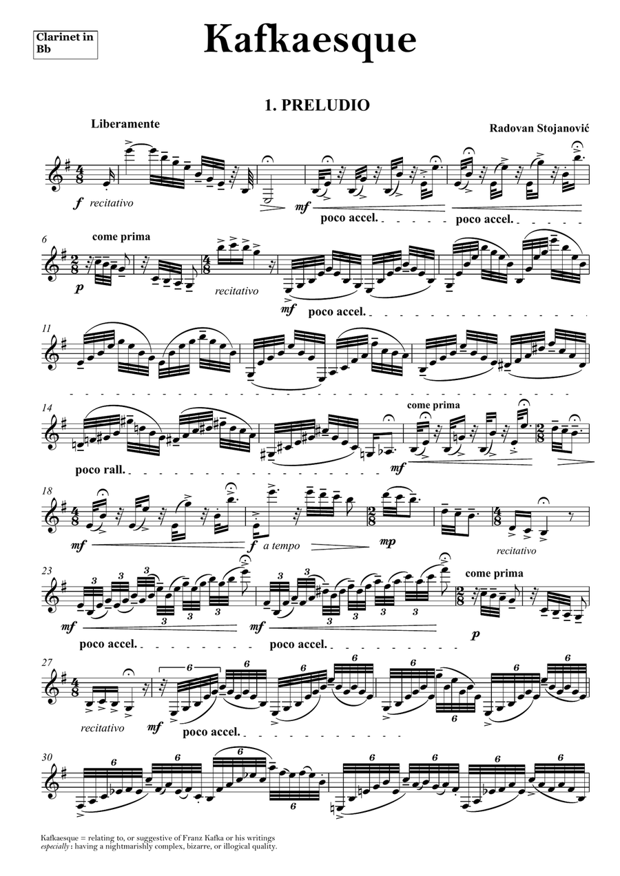 Radovan Stojanović - Kafkaesque ( a fantasy piece for solo clarinet) B-Flat Clarinet scores gallery preview page 1
