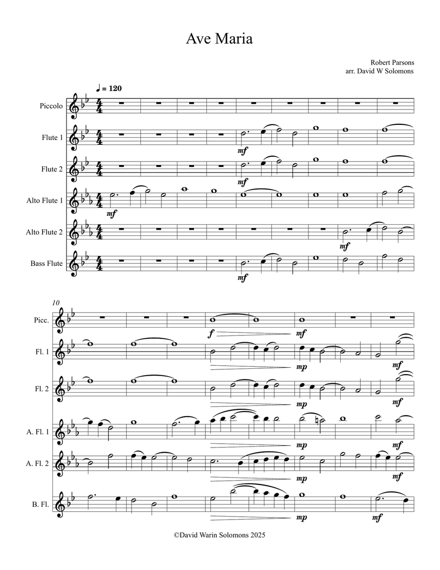 Robert Parsons Ave Maria arranged for flute sextet or flute choir (incl. piccolo solo) Flute Choir scores gallery preview page 1